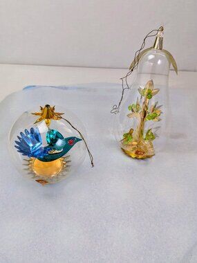Vintage 50s 60s German Blown Glass Christmas Ornaments Diorama Bird & Pear Set 2